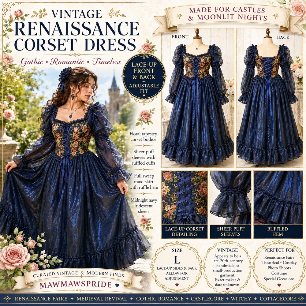 Vintage Renaissance Corset Dress Gothic Floral Tapestry Medieval Maxi Gown